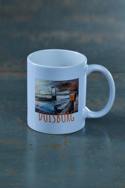 Ruhrpott Geschenke Tasse, schöne Tasse mit dem Motiv Rheinbrücke bei Duisburg